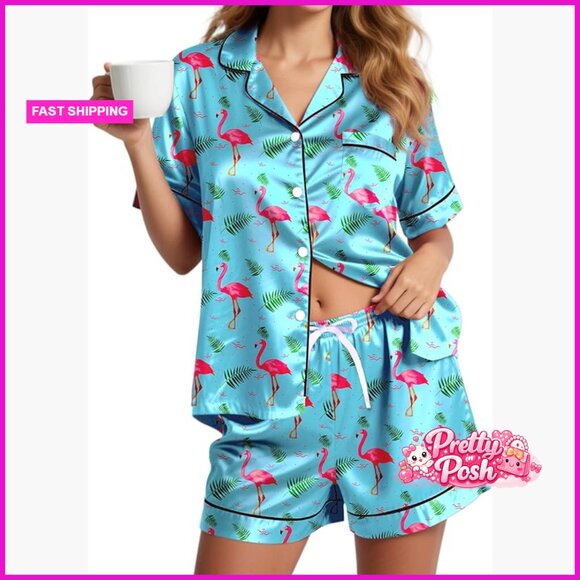 Other - Silky Satin Pajama Set Short Sleeve Button Down Lounge Sleepwear